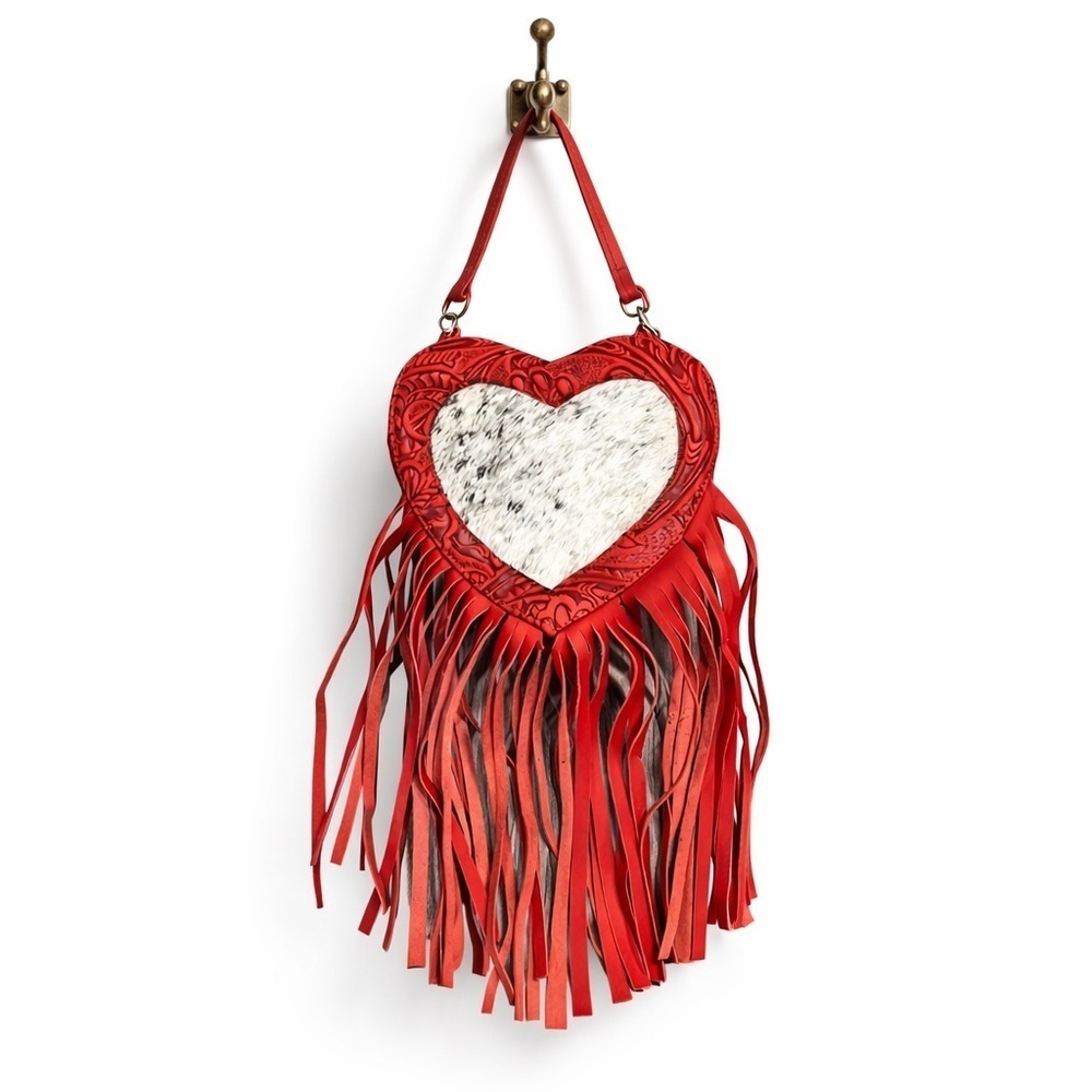 NEW Western handmade leather cowhide fringe Red Heart crossbody Bag